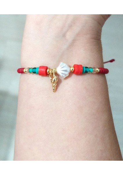 Yılbaşı Kartlı Deniz Kabuklu Fimo ve Çek Cam Boncuklu Yılbaşı Bileklik