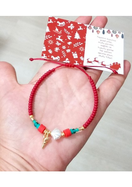 Yılbaşı Kartlı Deniz Kabuklu Fimo ve Çek Cam Boncuklu Yılbaşı Bileklik