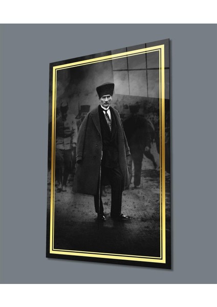 Atatürk Portre Siyah Beyaz Dikey Cam Tablo Hediyelik Büyük Tablo Ev Ofis Dekoru