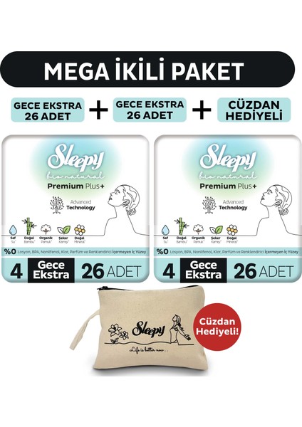 Bio Natural Premium Plus Hijyenik Ped Mega Paket Gece Extra 26 x 2 (52 Adet) + Cüzdan Hediyeli