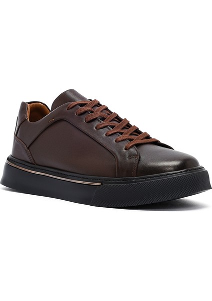 Erkek Kahverengi Bağcıklı Kalın Tabanlı Deri Sneaker 25WFD685218