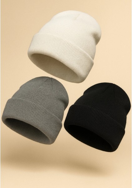 Unisex Basic Triko Yünlü Düz Bere 3'lü Set Beyaz Gri Siyah fiyatları