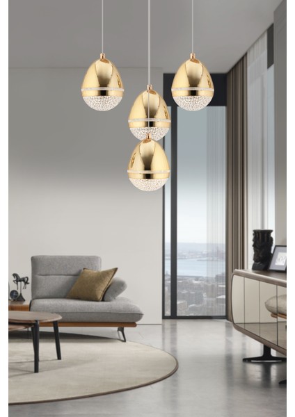 Amaya 4'lü Yuvarlak Gold Damla Başlıklı Modern Salon LED Avize