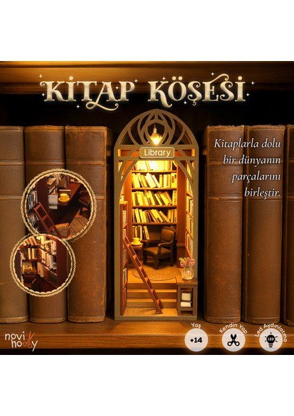Kitap Köşesi Minyatür Maket Ev Kitaplık Dekorasyonu LED Aydınlatmalı Maket Ev