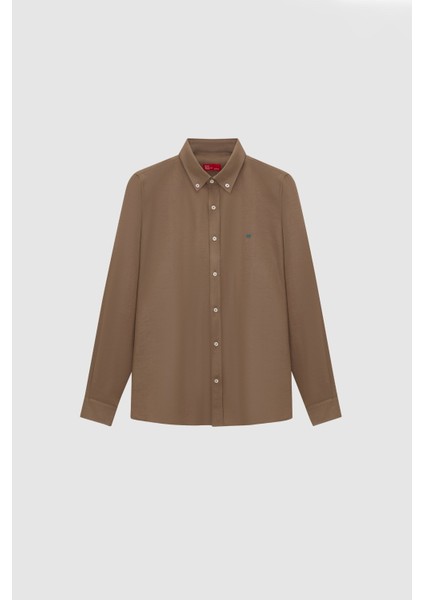 Slim Fit Haki Oxford Düğmeli Yaka Kolay Ütülenebilir Nakış Detaylı Pamuklu Gömlek 4HC02ORT03265 indirimleri
