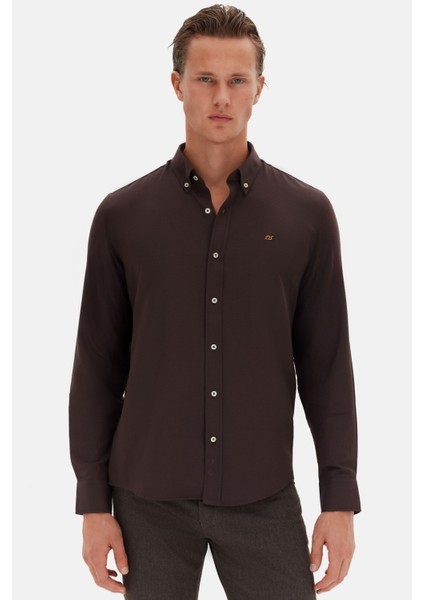 Slim Fit Acı Kahve Oxford Düğmeli Yaka Kolay Ütülenebilir Nakış Detaylı Pamuklu Gömlek 4HC02ORT03265 fiyatları