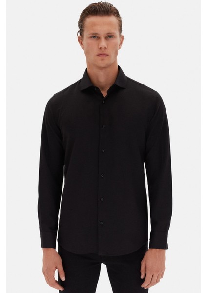 Slim Fit Siyah Italyan Yaka Armürlü Uzun Kollu Kolay Ütülenebilir Nefes Alan Dört Mevsim Gö 2HF02ORT3185