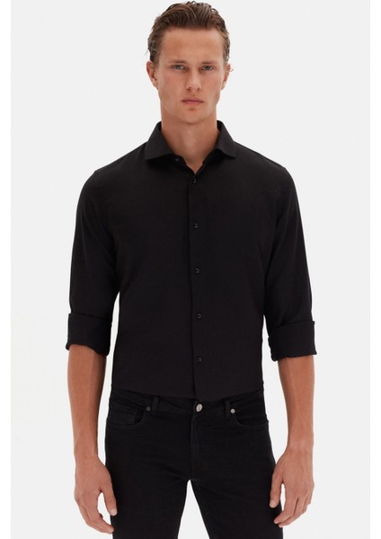 Slim Fit Siyah Italyan Yaka Armürlü Uzun Kollu Kolay Ütülenebilir Nefes Alan Dört Mevsim Gö 2HF02ORT3185 fiyatları