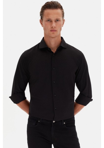 Slim Fit Siyah Italyan Yaka Armürlü Uzun Kollu Kolay Ütülenebilir Nefes Alan Dört Mevsim Gö 2HF02ORT3185 fırsatları