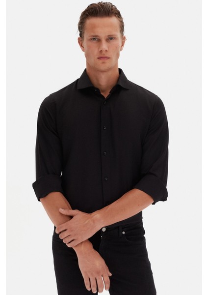 Slim Fit Siyah Italyan Yaka Armürlü Uzun Kollu Kolay Ütülenebilir Nefes Alan Dört Mevsim Gö 2HF02ORT3185