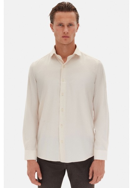 Slim Fit Bej Italyan Yaka Armürlü Uzun Kollu Kolay Ütülenebilir Nefes Alan Dört Mevsim Gömlek 2HF02ORT3185