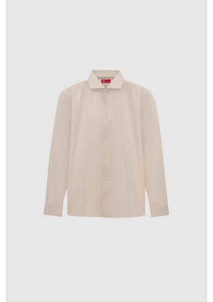 Slim Fit Bej Italyan Yaka Armürlü Uzun Kollu Kolay Ütülenebilir Nefes Alan Dört Mevsim Gömlek 2HF02ORT3185 indirimleri