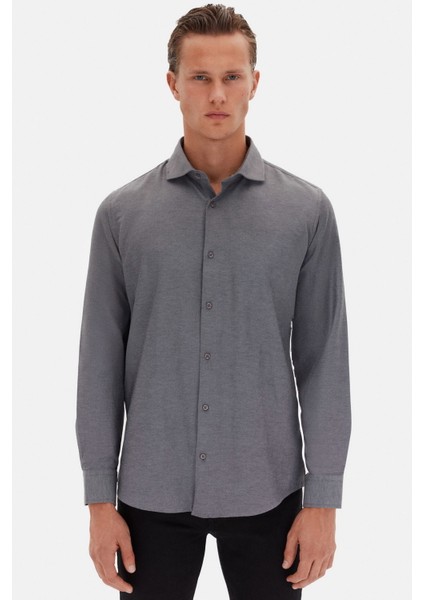 Slim Fit Antrasit Italyan Yaka Armürlü Uzun Kollu Kolay Ütülenebilir Nefes Alan Dört Mevsim Gömlek 2HF02ORT3185