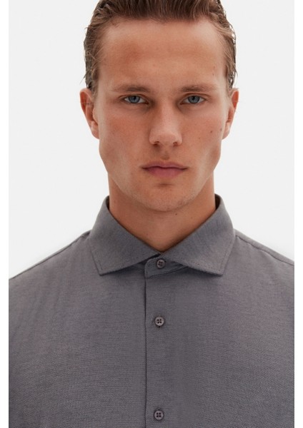 Slim Fit Antrasit Italyan Yaka Armürlü Uzun Kollu Kolay Ütülenebilir Nefes Alan Dört Mevsim Gömlek 2HF02ORT3185 fırsatları