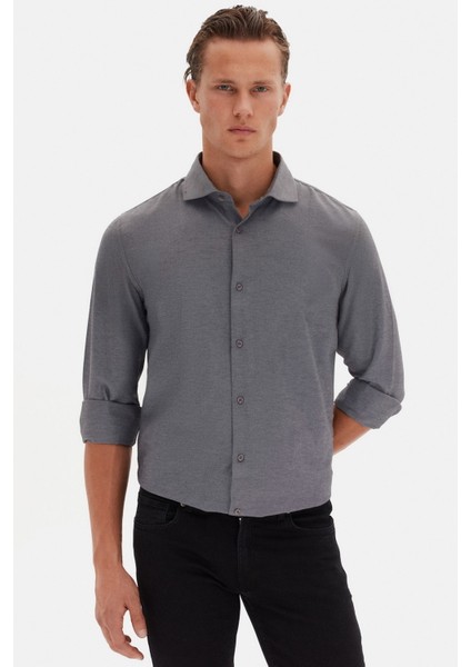 Slim Fit Antrasit Italyan Yaka Armürlü Uzun Kollu Kolay Ütülenebilir Nefes Alan Dört Mevsim Gömlek 2HF02ORT3185