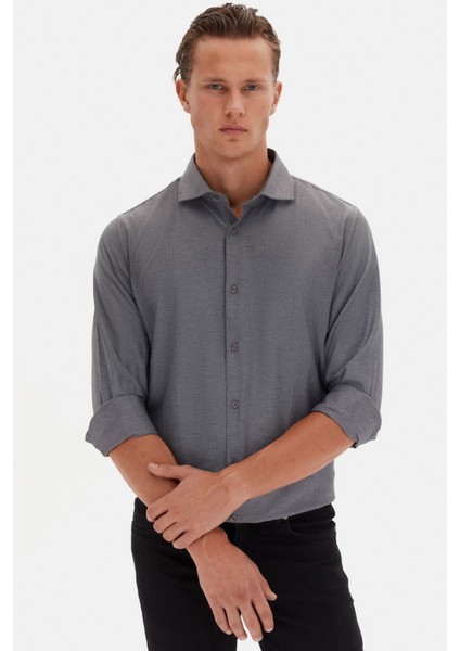 Slim Fit Antrasit Italyan Yaka Armürlü Uzun Kollu Kolay Ütülenebilir Nefes Alan Dört Mevsim Gömlek 2HF02ORT3185