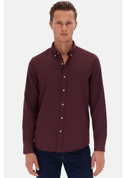 Ds Damat Slim Fit Mürdüm Oxford Düğmeli Yaka Kolay Ütülenebilir Nakış Detaylı Pamuklu Gömlek 4HC02ORT03265
