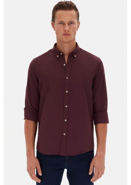 Ds Damat Slim Fit Mürdüm Oxford Düğmeli Yaka Kolay Ütülenebilir Nakış Detaylı Pamuklu Gömlek 4HC02ORT03265 fiyatları