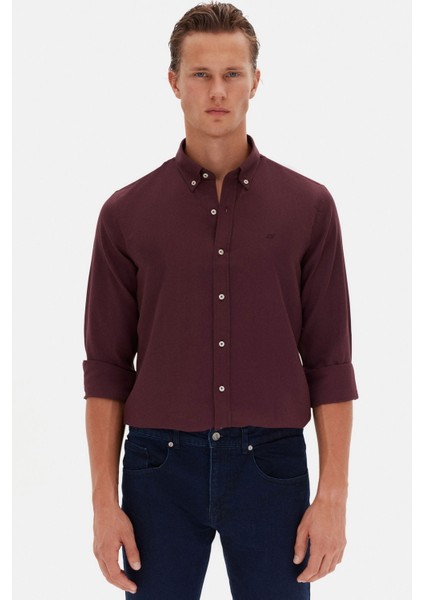 Ds Damat Slim Fit Mürdüm Oxford Düğmeli Yaka Kolay Ütülenebilir Nakış Detaylı Pamuklu Gömlek 4HC02ORT03265 modelleri