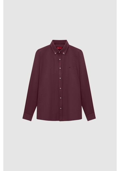 Ds Damat Slim Fit Mürdüm Oxford Düğmeli Yaka Kolay Ütülenebilir Nakış Detaylı Pamuklu Gömlek 4HC02ORT03265 indirimleri