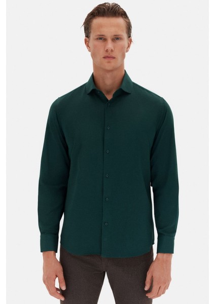 Slim Fit Koyu Yeşil Italyan Yaka Armürlü Uzun Kollu Kolay Ütülenebilir Nefes Alan Dört Mevsim Gömlek 2HF02ORT3185