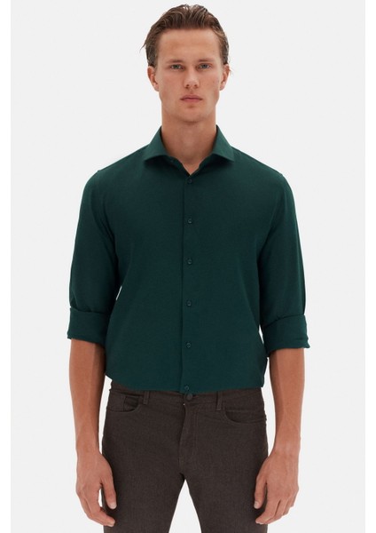 Slim Fit Koyu Yeşil Italyan Yaka Armürlü Uzun Kollu Kolay Ütülenebilir Nefes Alan Dört Mevsim Gömlek 2HF02ORT3185 fiyatları