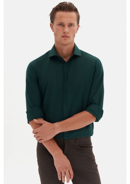 Slim Fit Koyu Yeşil Italyan Yaka Armürlü Uzun Kollu Kolay Ütülenebilir Nefes Alan Dört Mevsim Gömlek 2HF02ORT3185 fırsatları