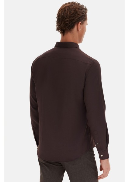 Slim Fit Acı Kahve Oxford Düğmeli Yaka Kolay Ütülenebilir Nakış Detaylı Pamuklu Gömlek 4HC02ORT03265 indirimleri