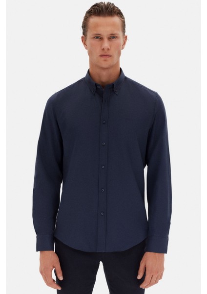 Slim Fit Lacivert Oxford Düğmeli Yaka Kolay Ütülenebilir Nakış Detaylı Pamuklu Gömlek 4HC02ORT03265