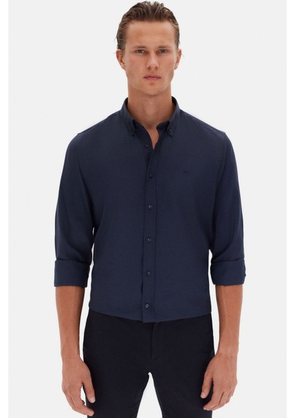 Slim Fit Lacivert Oxford Düğmeli Yaka Kolay Ütülenebilir Nakış Detaylı Pamuklu Gömlek 4HC02ORT03265 fiyatları