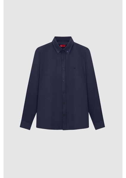 Slim Fit Lacivert Oxford Düğmeli Yaka Kolay Ütülenebilir Nakış Detaylı Pamuklu Gömlek 4HC02ORT03265 indirimleri