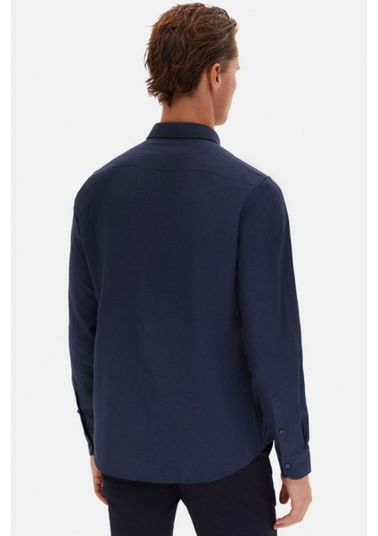 Slim Fit Lacivert Oxford Düğmeli Yaka Kolay Ütülenebilir Nakış Detaylı Pamuklu Gömlek 4HC02ORT03265