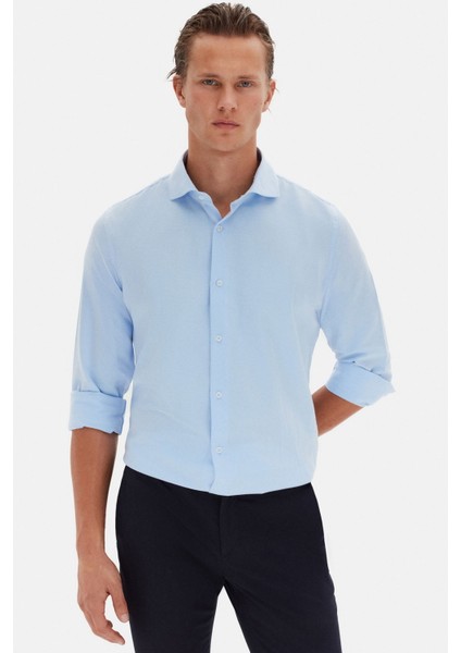 Slim Fit Açık Mavi Italyan Yaka Armürlü Uzun Kollu Kolay Ütülenebilir Nefes Alan Dört Mevsim Gömlek 2HF02ORT3185 fırsatları