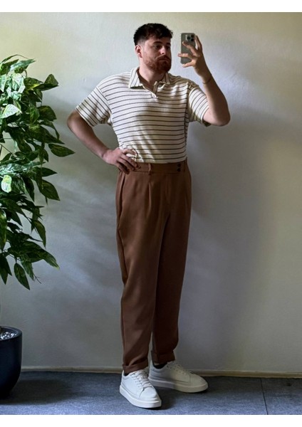 Erkek Oversize Yazlık Triko Polo Yaka, Çizgili Örgü Kumaş, Geniş Kalıp Kısa Kollu Model