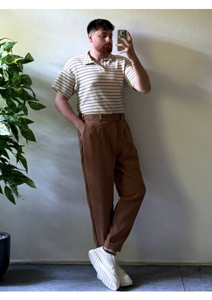 Erkek Oversize Yazlık Triko Polo Yaka, Çizgili Örgü Kumaş, Geniş Kalıp Kısa Kollu Model fiyatları