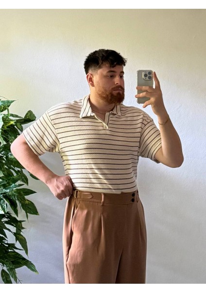 Erkek Oversize Yazlık Triko Polo Yaka, Çizgili Örgü Kumaş, Geniş Kalıp Kısa Kollu Model modelleri