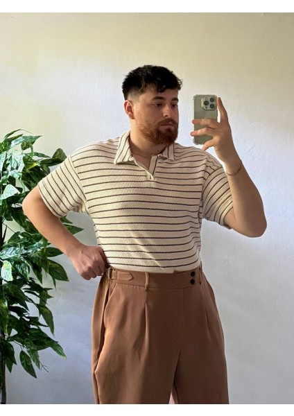 Erkek Oversize Yazlık Triko Polo Yaka, Çizgili Örgü Kumaş, Geniş Kalıp Kısa Kollu Model indirimleri