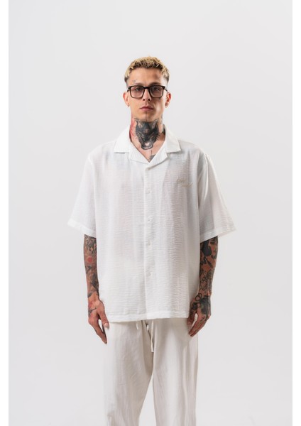 Erkek Star Nakışlı Oversize Gömlek Beyaz