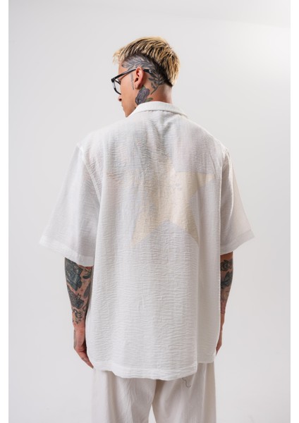 Erkek Star Nakışlı Oversize Gömlek Beyaz modelleri