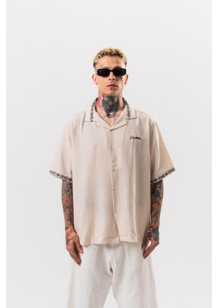 Erkek Ruthless Nakışlı Oversize Gömlek Bej