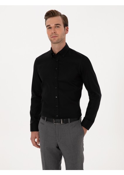 Erkek Siyah Slim Fit Uzun Kollu Basic Gömlek 50319721-VR046