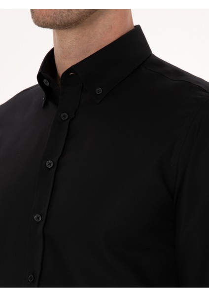 Erkek Siyah Slim Fit Uzun Kollu Basic Gömlek 50319721-VR046