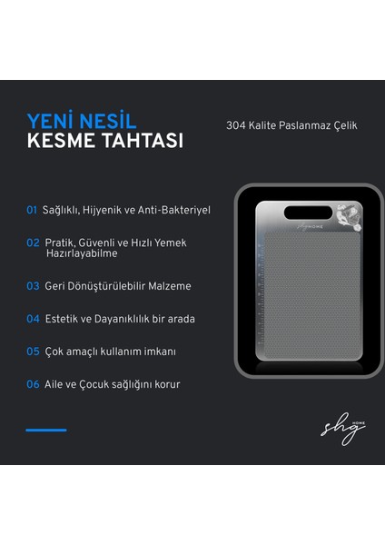 Shghome Paslanmaz Çelik Kesme Tahtası Özel Yüzey Işlemeli 1,5 mm Kalınlık, 23 x 34 cm Yıkanabilir, Gıda Temasına Uygun, Hijyenik