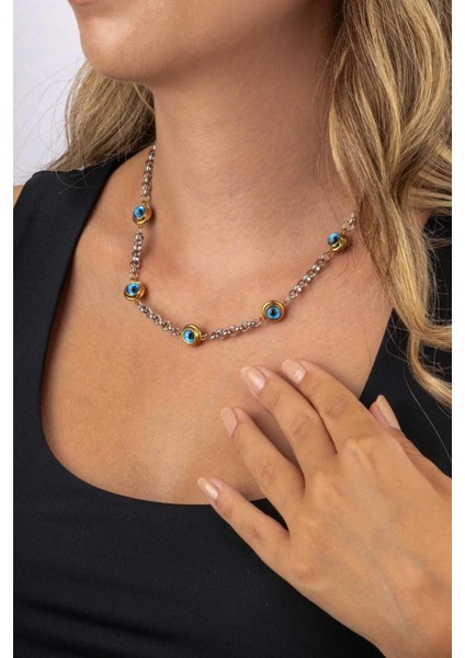 Göz Motifli Zincir Model Kadın Çelik Kolye