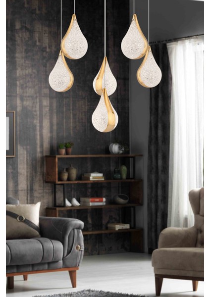 Biana 6'lı Yuvarlak Gold Damla Başlıklı Modern Salon LED Avize