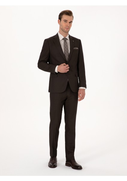 Erkek Kahverengi Slim Fit Yün Karışımlı Mikro Desenli Takım Elbise 50318869-VR029