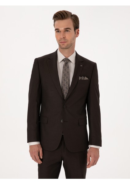 Erkek Kahverengi Slim Fit Yün Karışımlı Mikro Desenli Takım Elbise 50318869-VR029 modelleri