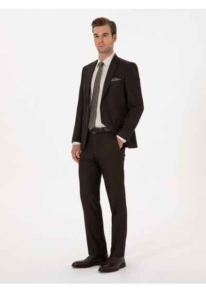 Erkek Kahverengi Slim Fit Yün Karışımlı Mikro Desenli Takım Elbise 50318869-VR029 fırsatları