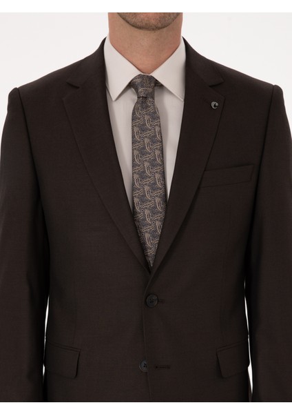 Erkek Kahverengi Slim Fit Yün Karışımlı Mikro Desenli Takım Elbise 50318869-VR029