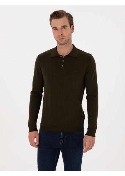 Erkek Haki Regular Fit Pamuk Karışımlı Polo Yaka Basic Triko Kazak 50318673-VR027